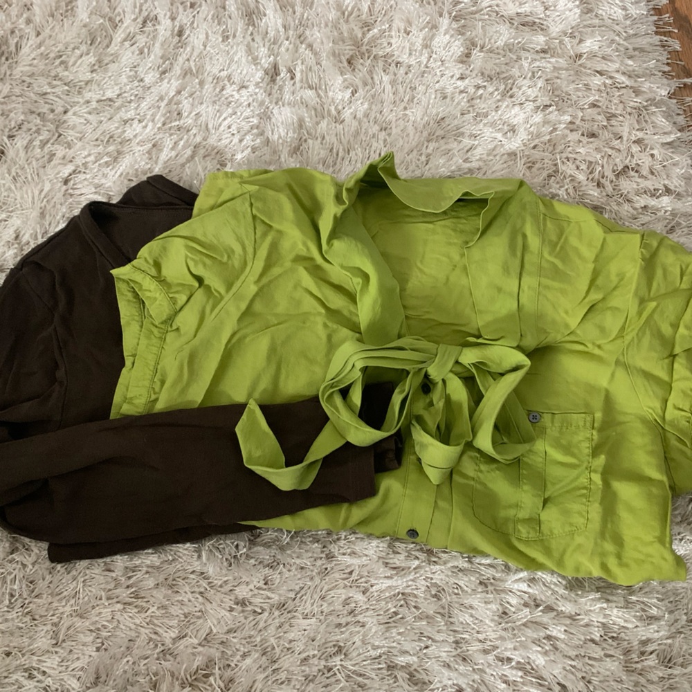 Pair of Petite Large Tops - Green Tie Top & Brown Long Sleeve Tee